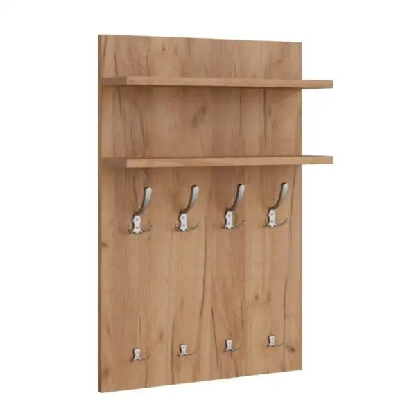 Wieszak ścienny 60×90 cm z dwiema półkami i 8 uchwytami – płyta dąb craft złoty, uchwyty satyna