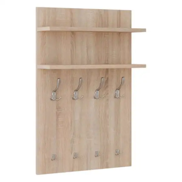 Wieszak ścienny 60×90 cm z dwiema półkami i 8 uchwytami – płyta dąb sonoma, uchwyty satyna